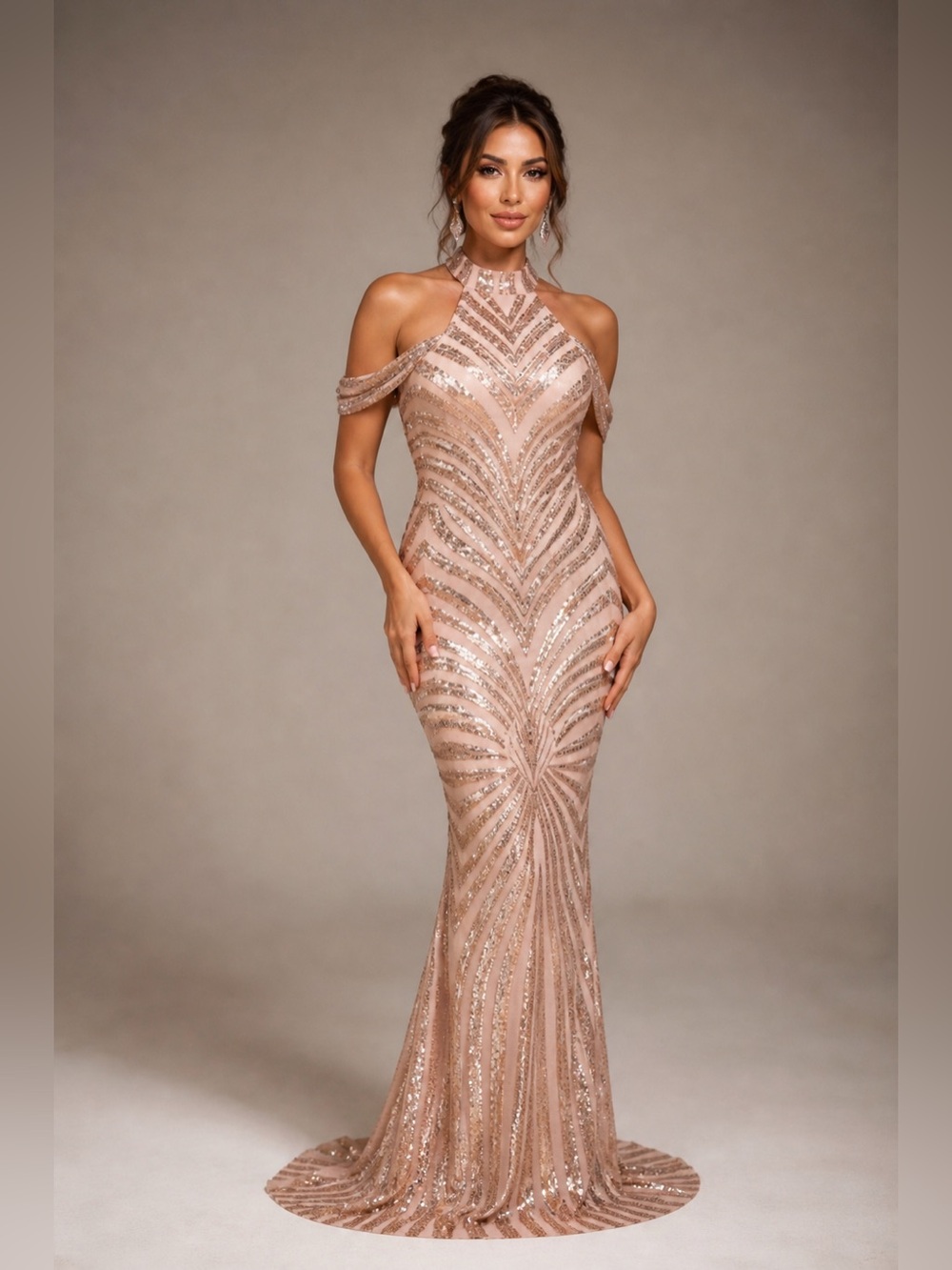 NOX ANABEL E377 DRESS ROSE GOLD HALTER NECK MAXI DRESS WITH ARM DETAIL Sz 4